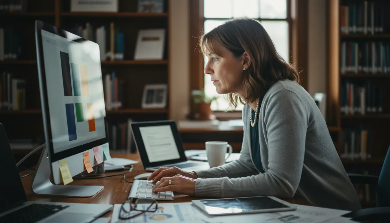 Library administrator evaluating digital platform options on computer