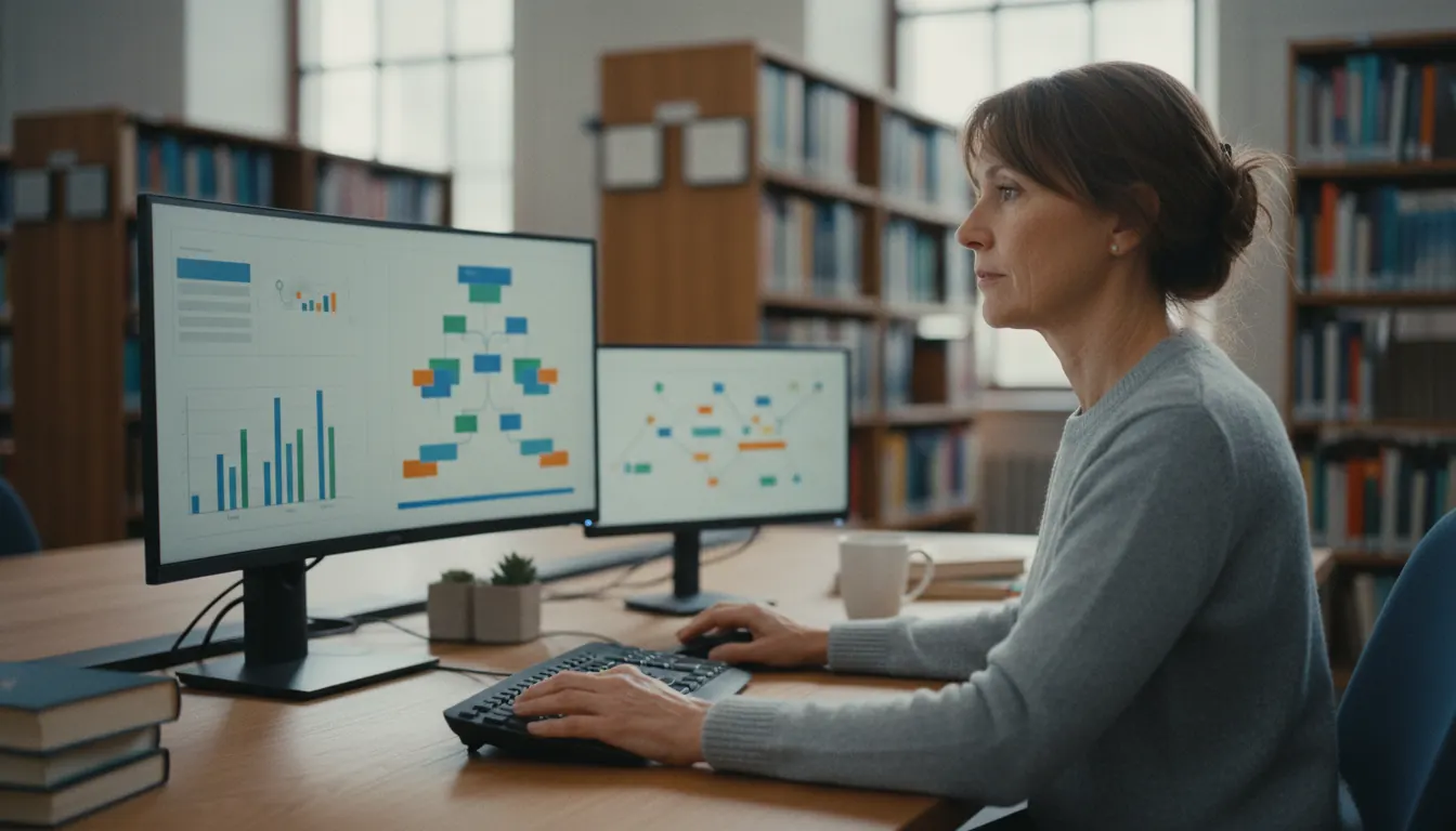Library administrator working at computer desk reviewing technology systems