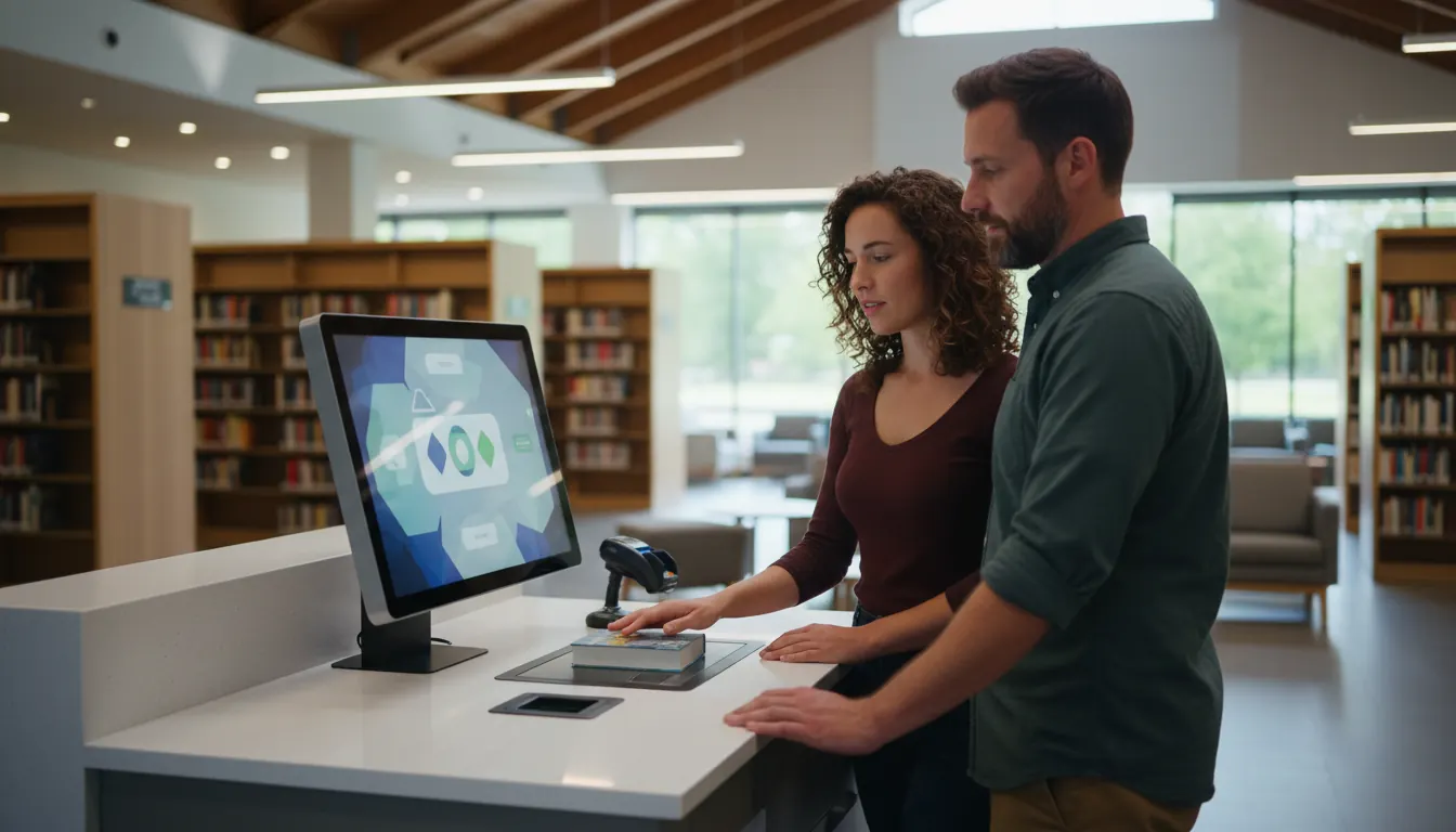 Self-service checkout kiosk station in modern library with touchscreen interface