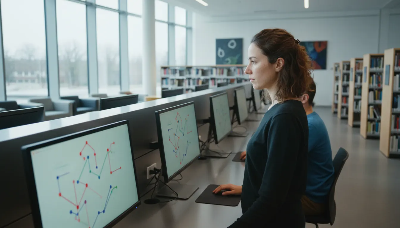 Modern library integrated computer system with catalog interface on screen