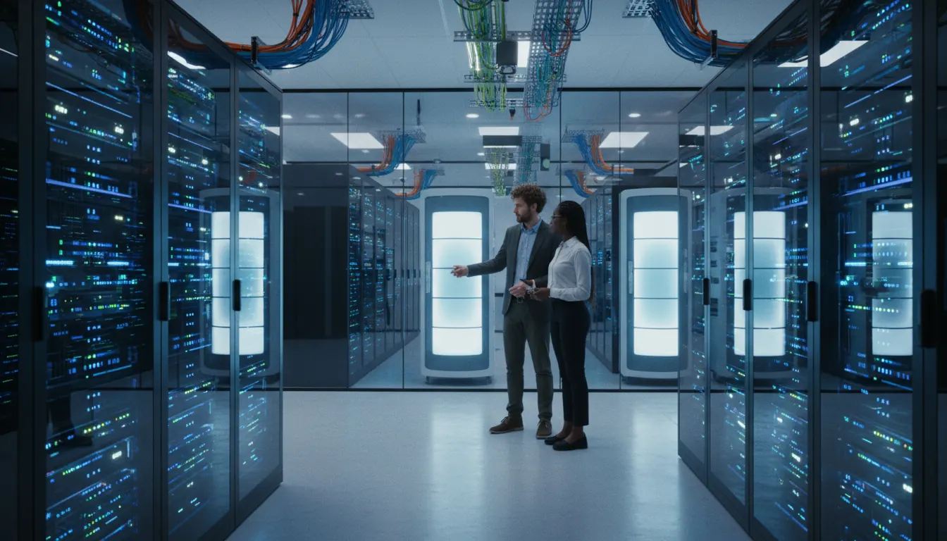 Modern library server room with digital infrastructure and data storage systems