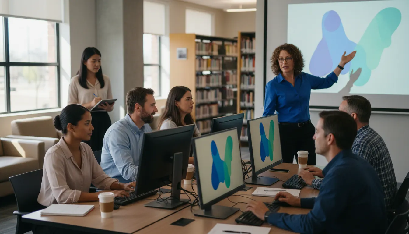 Library staff members participating in hands-on computer system training session