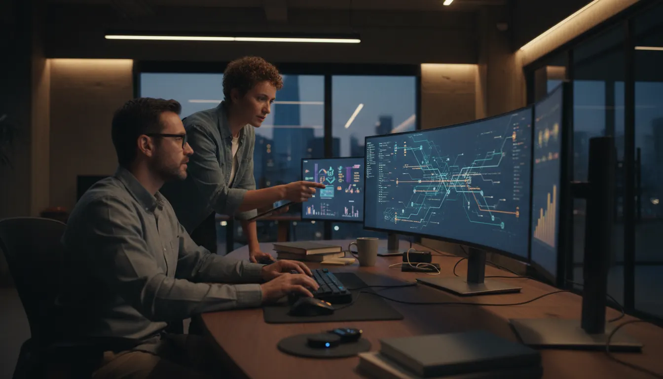 Computer workstation displaying network security monitoring and system analytics
