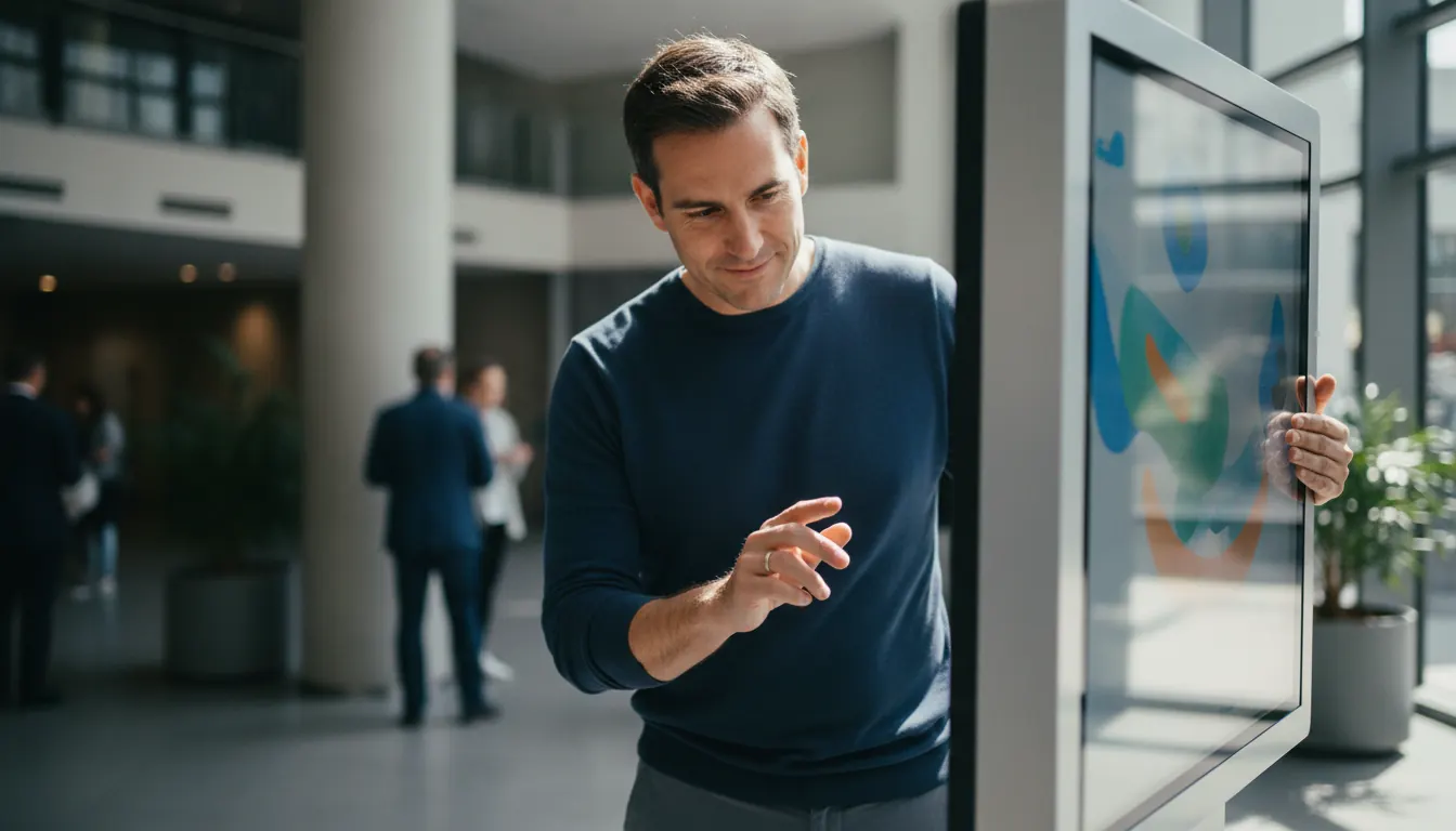Person interacting with modern digital touchscreen kiosk interface