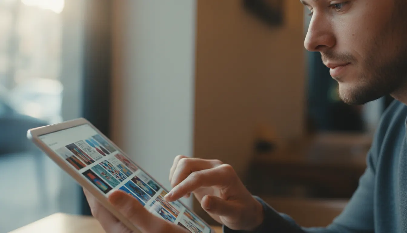 Person browsing organized digital content on tablet device